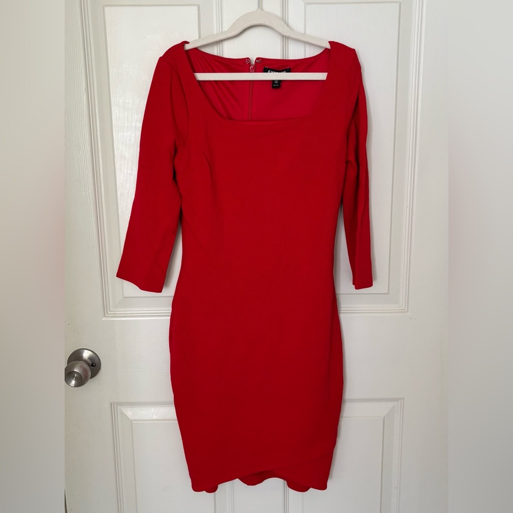 Express Red Bodycon Dress Square Neck 3/4 Sleeve
